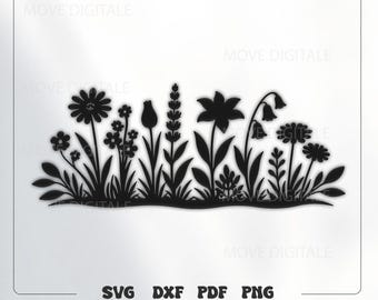 Wildflower Border SVG - Floral Border DXF - Flower Garden Silhouette Spring Flowers CNC Laser Cut File