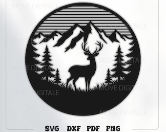 Deer Mountain SVG Cut File - Forest Wildlife Scene for Laser Cut CNC Plasma and Glowforge - Rustic Cabin Wall Art DXF