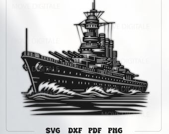 Arquivo de corte SVG de navio de guerra - Silhueta de navio de guerra da Marinha em DXF e PNG - Corte a laser CNC de navio militar