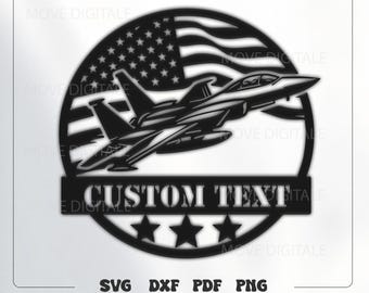 Fighter Jet SVG - Air Force DXF - Military Laser Cut File - American Flag Silhouette - Custom Name CNC