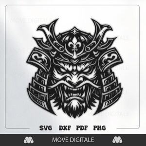 May include: Black and white illustration of a samurai helmet with intricate details. The design features a fierce face and ornate crest. The image includes the file types: SVG, DXF, PDF, and PNG. The logo "MOVE DIGITALE" is at the bottom.