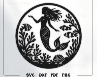 Mermaid SVG - Ocean Mermaid Circle Cut File - Beach Decor PNG DXF - Cricut Glowforge Laser Cut