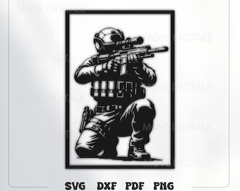May include: Black and white illustration of a soldier kneeling and aiming a rifle with a scope. The soldier is wearing tactical gear. The image includes the text "SVG DXF PDF PNG" and "MOVE DIGITALE".