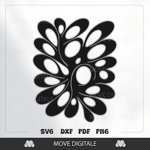 May include: A black and white abstract floral design. The design features interconnected, oval-shaped elements in a swirling pattern. The image includes the text "SVG DXF PDF PNG" and "MOVE DIGITALE".