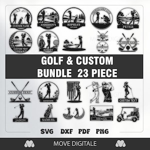Op de afbeelding: Een verzameling van 23 golf-thema ontwerpen, waaronder silhouetten van golfers, golfballen en course-elementen. De ontwerpen zijn aanpasbaar en bevatten tekstvelden voor namen. Formaten zijn SVG, DXF, PDF en PNG.