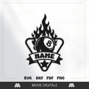 May include: Black and white graphic design featuring a flaming eight ball, a banner with the word "NAME", and a star. The design includes the text "SVG DXF PDF PNG" and "MOVE DIGITALE".