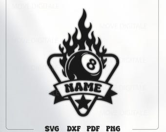 8 Ball Personalized Metal Wall Art - Flaming Billiards Pool Design SVG - Custom Name Billiards DXF Plasma Glowforge