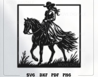 Western Cowgirl SVG - Woman Riding Horse DXF - Farmhouse Western Decor CNC Laser Cut File