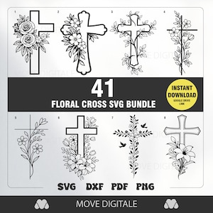 Op de afbeelding: Een verzameling van acht bloemenkruisontwerpen in zwart en wit. De kruisen zijn versierd met verschillende bloemen, wijnranken en bladeren. De afbeelding bevat de tekst "41 FLORAL CROSS SVG BUNDLE" en bestandstype-opties: SVG, DXF, PDF en PNG.