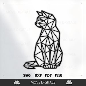 Peut inclure: Silhouette noire d'un chat géométrique. Le chat est représenté en position assise, avec un design polygonal. L'image comprend le texte "SVG DXF PDF PNG" et "MOVE DIGITALE".
