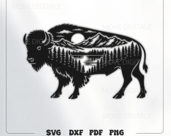 Buffalo SVG with Mountain Landscape - Bison Silhouette Cut File - Wildlife Double Exposure