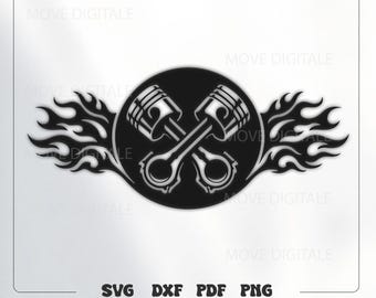 Crossed Pistons with Flames SVG - Engine Logo Cut File - Racing Hot Rod Design - Mechanic Garage Sign DXF