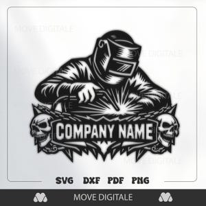 Puede incluir: Ilustración en blanco y negro de un soldador con casco, soldando. Debajo, una pancarta con el texto "COMPANY NAME" flanqueada por calaveras. Tipos de archivo: SVG, DXF, PDF y PNG.