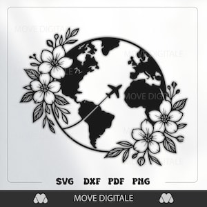 May include: Black and white graphic of the Earth with an airplane and floral accents. The design includes the text "SVG DXF PDF PNG" and the brand name "MOVE DIGITALE".