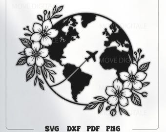 World Map SVG with Airplane - Travel Globe Floral Cut File - Wanderlust Wall Art PNG - Cricut Glowforge Laser