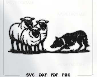 Sheep SVG File - Shepherd Dog Farm Scene Laser Cut Design - Livestock Wall Art PNG DXF