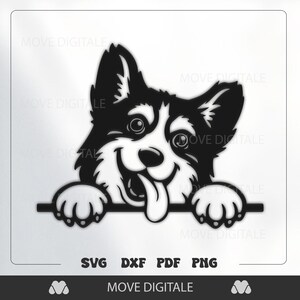 May include: Black and white graphic of a smiling dog with its tongue out, paws resting on a horizontal bar. The image includes the text "SVG DXF PDF PNG" and "MOVE DIGITALE".
