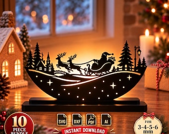 Christmas Candle Holder SVG Bundle, 10 Laser Cut Christmas Designs, Santa Sleigh Reindeer DXF, Wooden Christmas Table Decor
