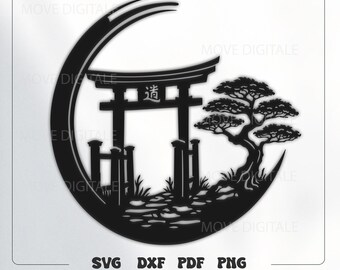 Japanese Torii Gate Silhouette SVG - Zen Garden Bonsai Tree Wall Art - Asian Landscape Laser Cut File