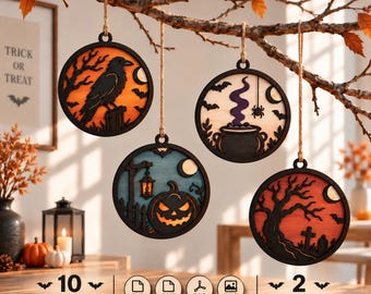 Halloween Ornament SVG Bundle, 10 Halloween SVG Designs, Spooky Laser Cut Files, Witch Pumpkin Ghost Cat Raven DXF