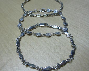 Vintage Sterling Silver Nautical Chain Bracelets, Marine Link, Ship's Wheel and Fish Links