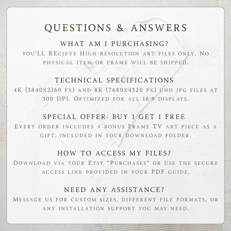 Technical specifications and FAQ card for Samsung Frame TV Art displayed in high resolution 4K and 8K UHD clarity. This informational mockup explains the digital download process, highlighting the 300 DPI quality and 16:9 aspect ratio optimization for smart TVs. It features a Buy 1 Get 1 Free special offer and details on how to access files via Etsy Purchases or secure link. Perfect for ensuring a professional digital art display experience.