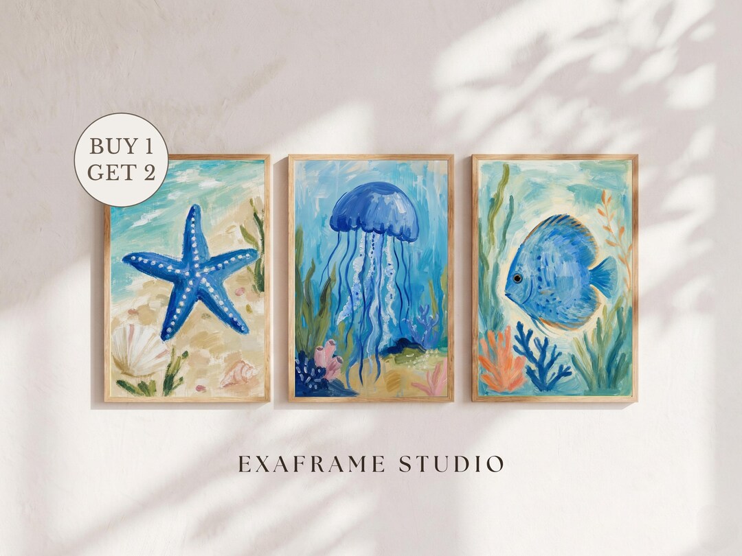 Coastal Wall Art Set of 3, Blue Ocean Fish, Jellyfish & Starfish Beach ...