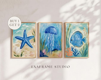 Coastal Wall Art Set of 3, Blue Ocean Fish, Jellyfish & Starfish Beach House Prints Underwater Nursery Decor Kids Bedroom Printable Download