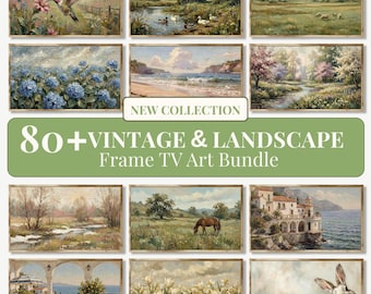 Paquete de más de 80 láminas decorativas vintage para TV con marcos de paisajes / Conjunto de láminas decorativas florales y costeras de primavera para Samsung, decoración rústica antigua (descarga digital)