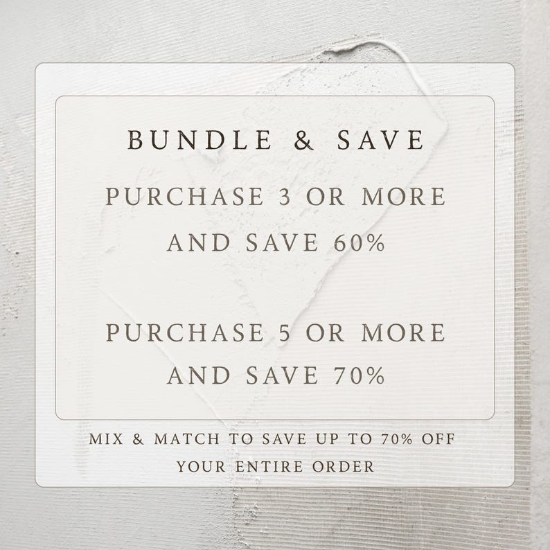 Promotional campaign banner for a Bundle and Save offer on all digital art items including printable wall art and Frame TV art collections. The graphic clearly displays the tiered discount levels of 60 percent off for 3 or more items and 70 percent off for 5 or more items. An urgency-driven marketing asset that encourages customers to mix and match designs to save on their entire order. Perfect for increasing average order value with instant downloads.