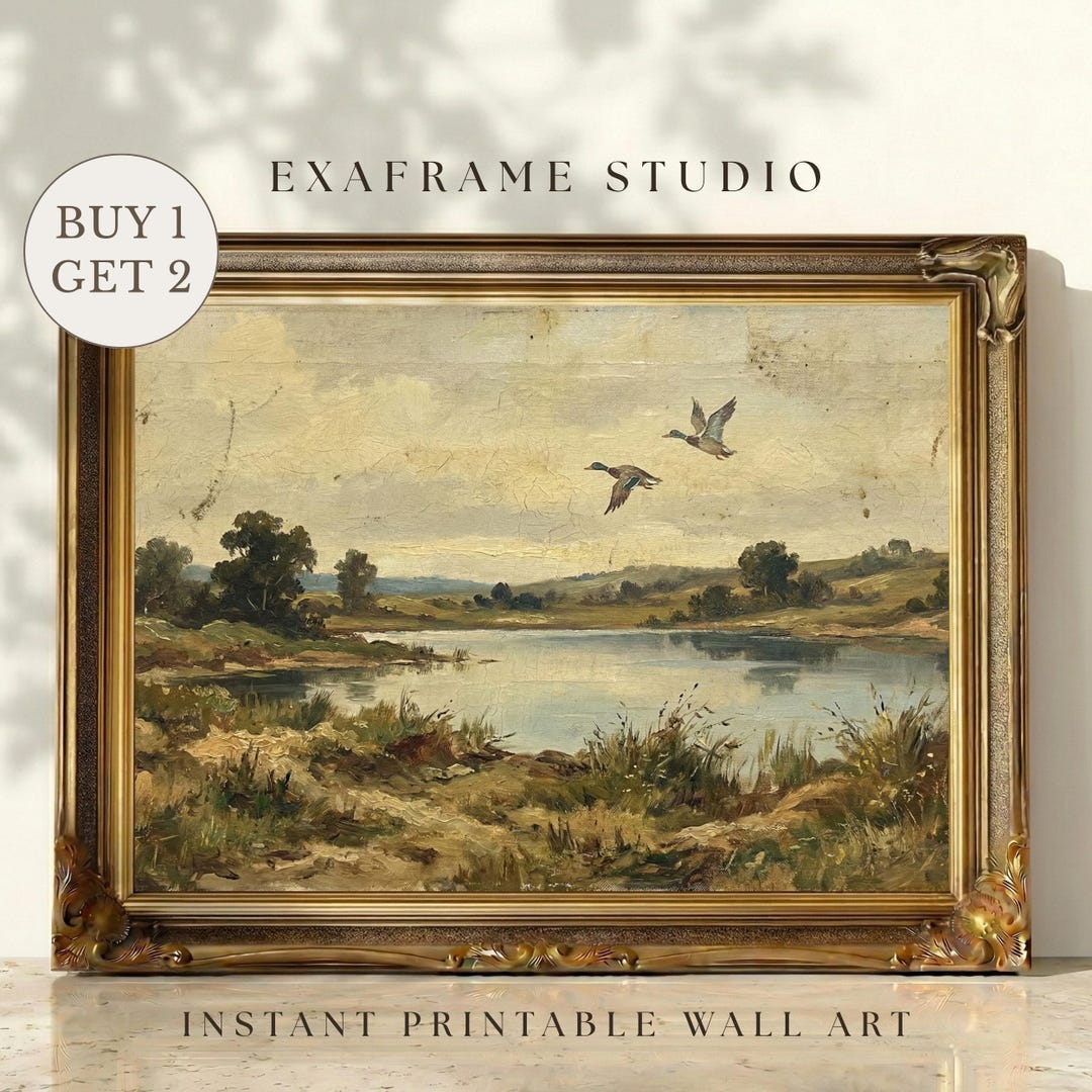 Vintage Flying Ducks Landscape Print | Mallard Ducks Antique Oil Painting, Muted Country R