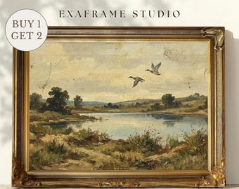 Vintage Flying Ducks Landscape Print | Mallard Ducks Antique Oil Painting, Muted Country Rustic Farmhouse Wall Art, Moody Lake House Decor