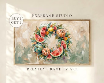Halloween Fruit Wreath Painting Frame TV Art, Summerween Watermelon Pumpkin Art Spooky Summer Rustic Kitchen Decor Samsung Frame TV Download