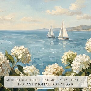An extreme close-up detail of the painterly textures in this coastal oil painting, showcasing visible impasto brushstrokes and authentic canvas depth. The white hydrangea petals and cool blue ocean waves come to life, revealing the handcrafted soul of the Mediterranean landscape. This artistic focus highlights the human premium feel over typical digital art. See every detail of this stunning beach house decor—download your high-resolution file now.