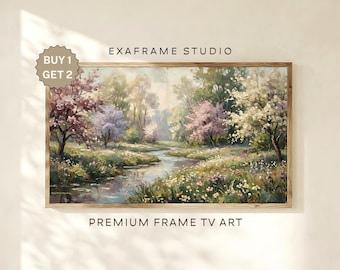 Vintage Landscape Painting Spring Frame TV Art, Muted Green Meadow Spring Wildflowers Samsung TV Screensaver, Rustic Farmhouse Nature Decor
