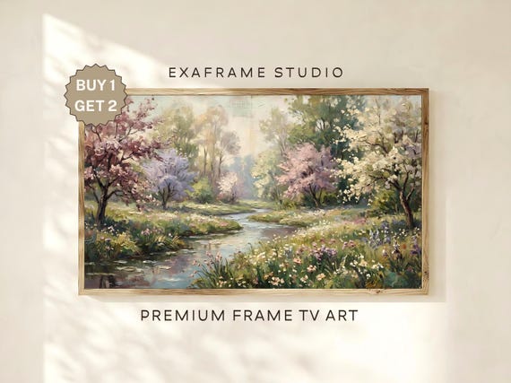 Vintage Landscape Painting Spring Frame TV Art, Muted Green Meadow Spring Wildflowers Samsung TV Screensaver, Rustic Farmhouse Nature Decor