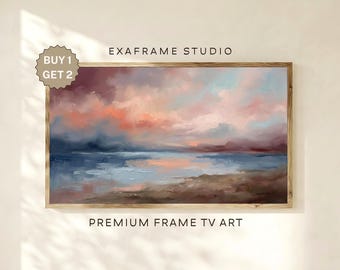 Arte de TV con marco abstracto melancólico, pintura al óleo de paisaje de atardecer vintage, paisaje marino abstracto con textura wabi sabi, decoración costera minimalista moderna