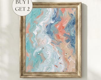 Abstract Coastal Beach Day Aerial Surfers Art Print, Tiny People Ocean Wave Surf Painting, Pastel Summer Beach House Decor Digital Download