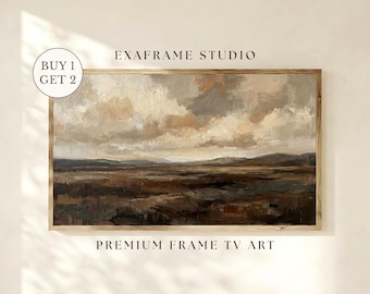 Arte abstracto para TV con marco, pintura al óleo de paisaje neutro y terroso, TV Samsung con textura Wabi Sabi, decoración rústica vintage de la campiña inglesa