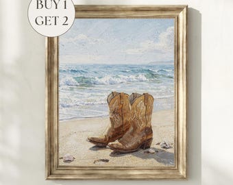 Lámina de vaquera costera / Botas vaqueras del oeste, pintura al óleo sobre la playa, arte mural imprimible, decoración rústica de granja costera, descarga instantánea