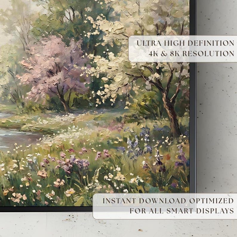A close-up display view showcasing a vibrant spring wildflowers TV art screensaver enclosed within a sleek modern black frame. The composition highlights delicate botanical details, blooming trees, and calm river waters rendered in impressionist style. Designed for high-end smart displays, this digital file ensures crystal-clear visual quality. Click to enhance your home ambiance with this serene nature artwork.