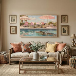 A warm and inviting rustic living room featuring a beige sofa with colorful pillows and a wooden coffee table. The Samsung Frame TV above displays the whimsical Palm Springs crocodile painting, bringing a sense of playful luxury to the cozy setting. The rich textures of the art match the earthy tones of the woven rug and baskets. Experience the perfect blend of humor and comfort in your home—download this high-res digital art piece now.