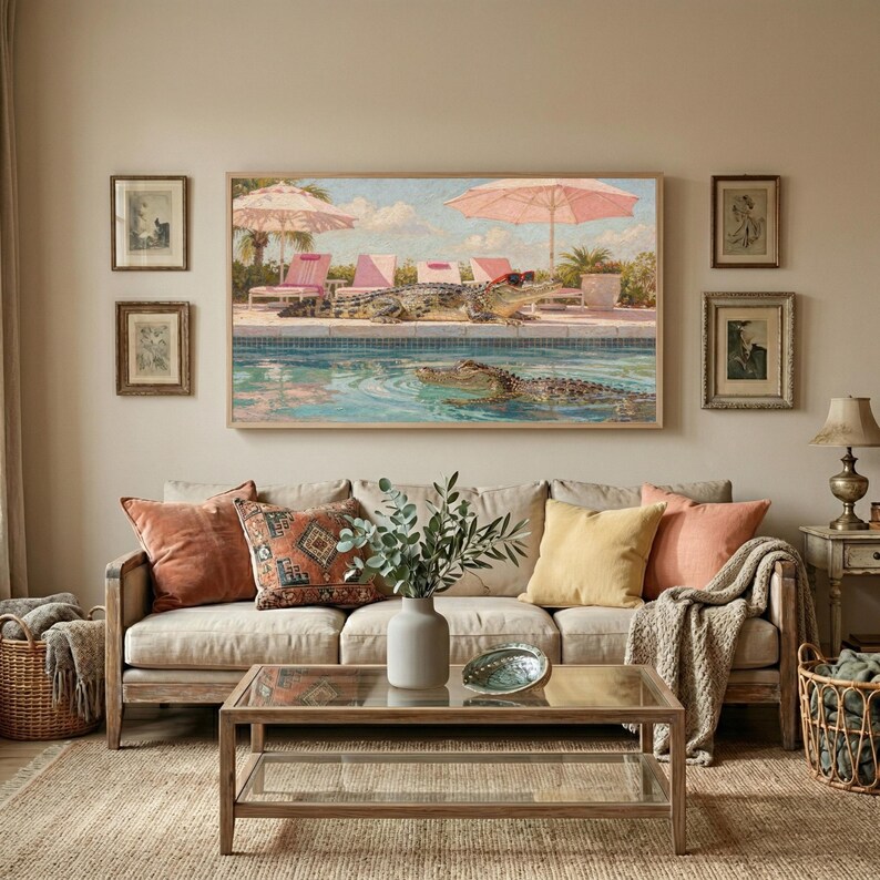 A warm and inviting rustic living room featuring a beige sofa with colorful pillows and a wooden coffee table. The Samsung Frame TV above displays the whimsical Palm Springs crocodile painting, bringing a sense of playful luxury to the cozy setting. The rich textures of the art match the earthy tones of the woven rug and baskets. Experience the perfect blend of humor and comfort in your home—download this high-res digital art piece now.