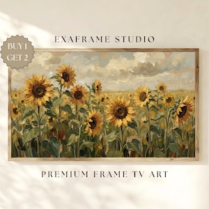 May include: A framed painting of a sunflower field under a cloudy sky. The artwork features numerous sunflowers in various stages of bloom, with green leaves and yellow petals. The frame is a light brown color, and the text "EXAFRAME STUDIO" and "PREMIUM FRAME TV ART" are visible.
