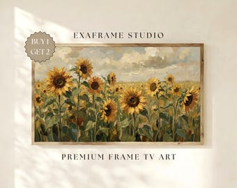 Vintage zonnebloemen Samsung lijst tv-kunst, lentebloem veld impressionistisch olieverfschilderij gele bloemen landschapskunst rustiek Cottagecore Decor