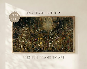 Arte para TV con marco de flores silvestres de melancolía / Pintura al óleo vintage botánica verde oscuro, TV Samsung con flores de prado primaveral y verano, decoración rústica estilo cottagecore