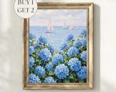 Grandmillennial Preppy Coastal Art Print | Nantucket Blue Hydrangeas & Sailboats Oil Painting Printable Wall Art, Summer Beach House Decor