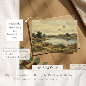 [Mallard Ducks Antique Oil Painting] themed bonus printable gift note card shown with a neutral A6 envelope and eucalyptus leaves on a sunlit wooden surface. The back of the card features a blank area for handwritten notes, making it the sweetest way to say you care. This exclusive bonus is included with every vintage nature art purchase, providing extra value for those gifting digital art to family — available now with limited-time discount.