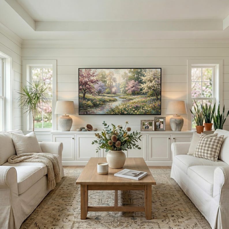 A symmetrical farmhouse living room featuring a stunning spring landscape painting mounted on a white wood panel wall between two sunlit windows. Flanked by matching ceramic table lamps and decorative picture frames on a long white sideboard, the setup exudes timeless charm. Elevate your living space with this serene pastoral digital artwork today—click to download.
