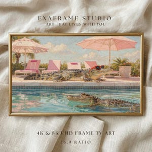A stunning presentation of the quirky Palm Springs alligator art in a sleek gold frame, resting on a soft washed linen background. This display emphasizes the 8K UHD quality and 16:9 ratio optimized for Samsung Frame TVs. The soft fabric texture contrasts beautifully with the rich oil paint details of the poolside scene. Transform your digital screen into a high-end gallery piece with this unique retro summer painting. Grab yours now for a fresh vibe.
